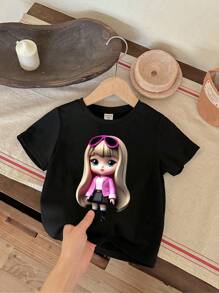 SHEIN Young Girl's Casual Cartoon Girly Graphic T-Shirt Multicolor Pack, Printed Short Sleeve & Round Neck, Suitable For Summer And Back To School, Cute Outfits