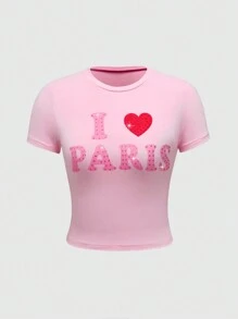 ROMWE J-Fashion Y2K Vintage Millennium Buchstaben Muster, mit Strasssteinen dekoriertes Damen T-Shirt