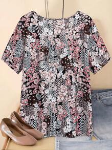 大码女式花卉印花圆领短袖 T 恤图案 T 恤女式上衣，适合夏季 - 彩色 - 查看 2