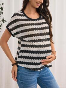 SHEIN Maternity Striped Print Tee For Summer - Grey - View 2