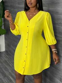 Slaydiva ROBE MINI SLIM A-LINE ÉLÉGANT ET DÉCONTRACTÉ POUR LES VACANCES EN JAUNE unicolore, STYLE CHEMISE AVEC PLASTRON OUVERT POUR FEMMES grande taille, PRINTEMPS/ÉTÉ -E