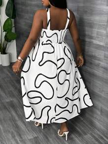 Slaydiva 女式大码休闲宽松连衣裙，带有设计感，白色抽象条纹宽肩带收腰 A 字印花连衣裙，A，适合夏季