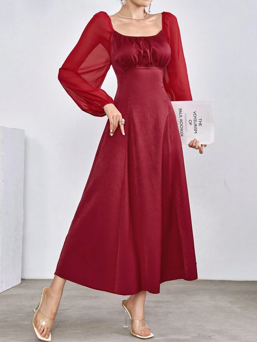 Modelyn Elegant Contrast Mesh Lantern Sleeve Ruched Bust Dress Fall Cloth For Women - Red - View 1