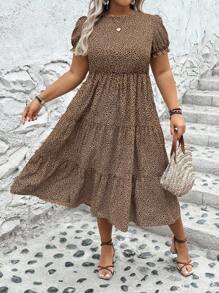SHEIN Plus Size Boho Leopard Print Ruffle Hem Dress For Summer Women Outfit - Coffee Brown - View 3