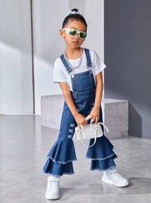 Explorewe Overol y enterizo informal de mezclilla holgado, de color oscuro y con volantes para niñas - Azul lavado oscuro - Ver 1