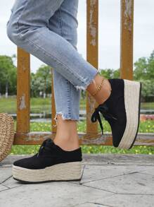Women's Platform Wedge Shoes, Black Suede Lace-Up Jute Sole, Chic New Casual All-Match Waterproof Thick Bottom Increased Height Shoes, Suitable For Holiday, Daily, Spring Wear