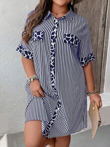 SHEIN LUNE Plus Striped Print Flap Detail Shirt Dress - Navy Blue - View 4