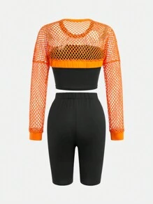 Teen Girl's Summer Casual Cropped Fishnet Top + Solid Color Tube Top + Shorts Set - Multicolor - View 2