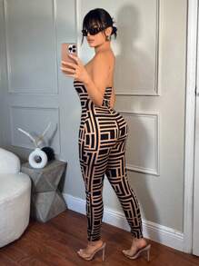 SHEIN SXY Mono sin tirantes de moda con estampado para mujer - Negro - Ver 2