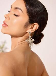 SHEIN SXY Hoa tai hình chữ thập thời trang dành cho nữ được trang trí bằng kim cương - trắng - Xem 3
