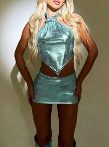 2pcs Women Glossy Open Shoulder Top And Mini Skirt Set - Cadet Blue - View 1