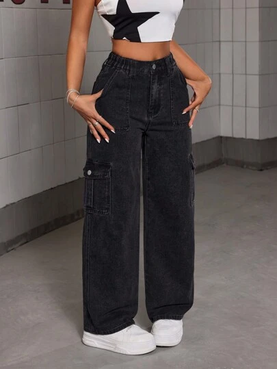 SHEIN PETITE Flap Pocket Side Cargo Jeans