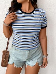 SHEIN Frenchy Cộng với áo phông in sọc tương phản - Màu xanh lam - Xem 4