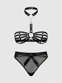 ROMWE Grunge Punk 女士深沉暗黑龐克風金屬釘掛鉤中空領口連體內衣褲組 - 黑色 - 查看 1