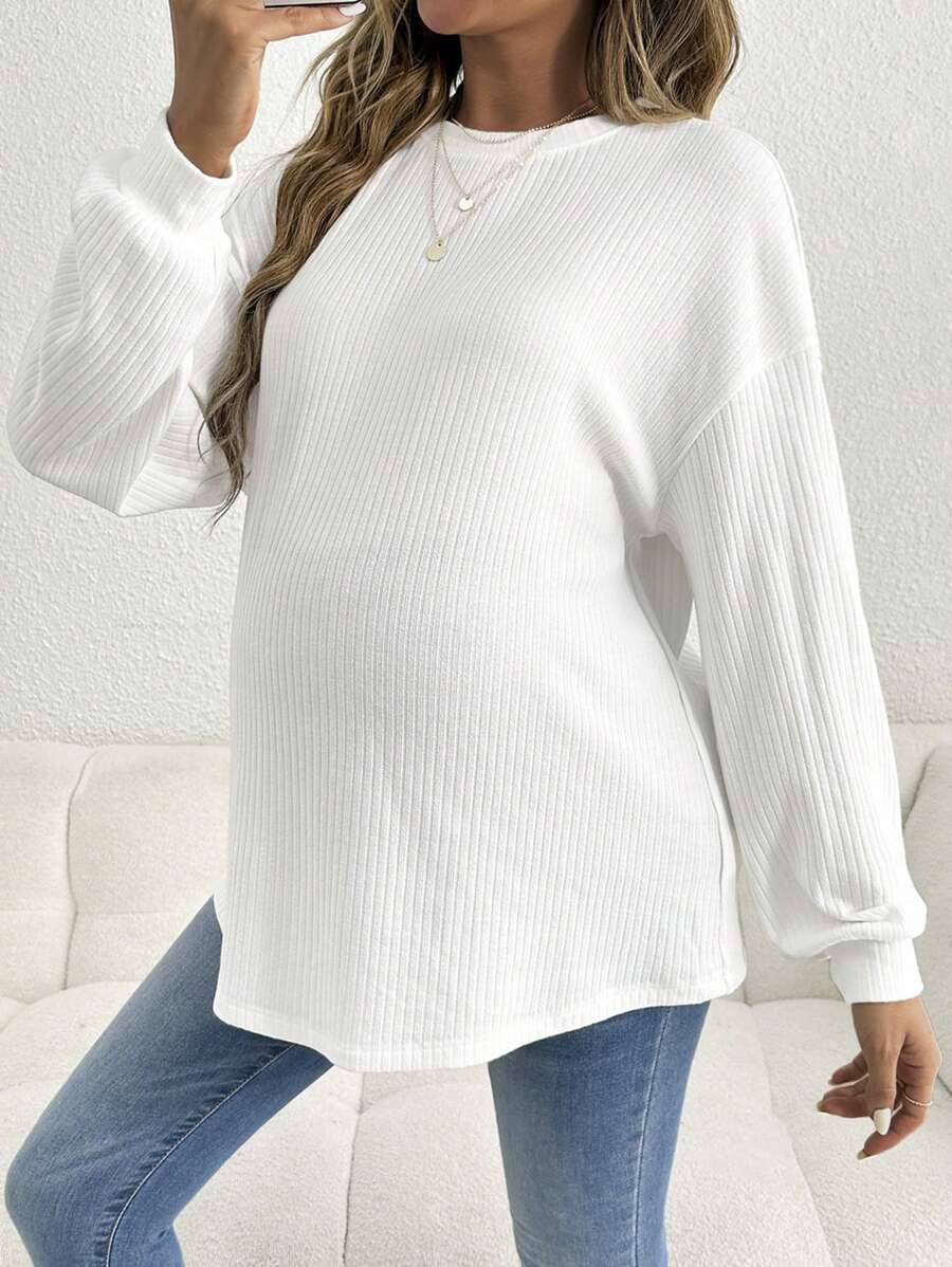 SHEIN 孕婦日常休閒圓領燈籠袖常規鬆身孕婦T恤 - 白色 - 查看 1