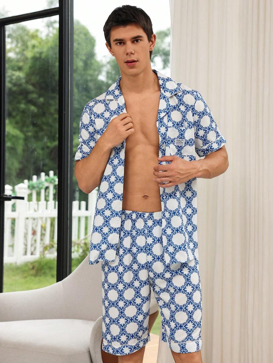 Men Allover Print PJ Set / Pajama Set For Daily - Blue and White - View 1