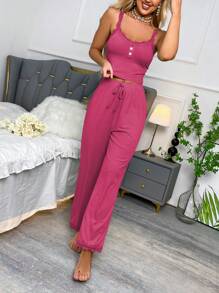 SHEIN Button Front Cami Top & Pants PJ Set / Pajama Set - Hot Pink - View 6