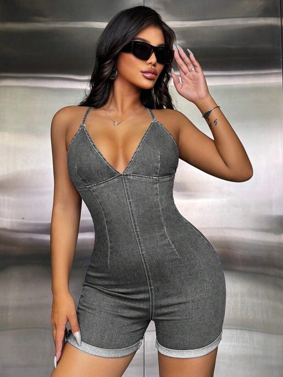 SHEIN SXY 捲邊牛仔連體褲 - 灰色 - 查看 1