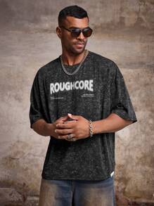 Manfinity Roughcore Maglietta da uomo oversize con stampa di lettere, scollo rotondo, manica raglan, adatta per l'estate - nero - Visualizzare 5