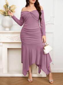 Modelyn Plus Off Shoulder Twist Front Ruched Mermaid Hem Dress - Dusty Pink - View 6
