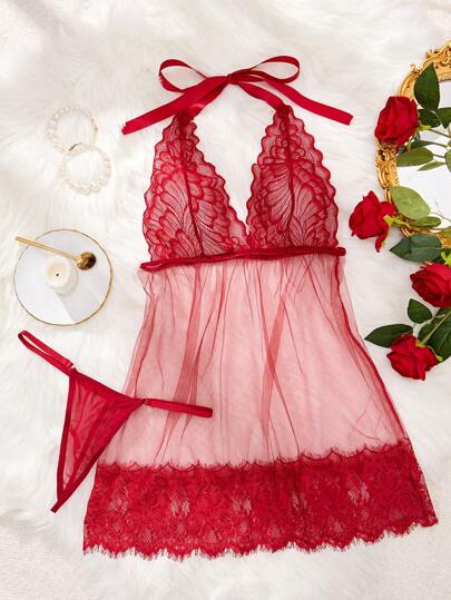 Kanten Mesh Contrast Halter Neck Babydoll Lingerie Dress view 5