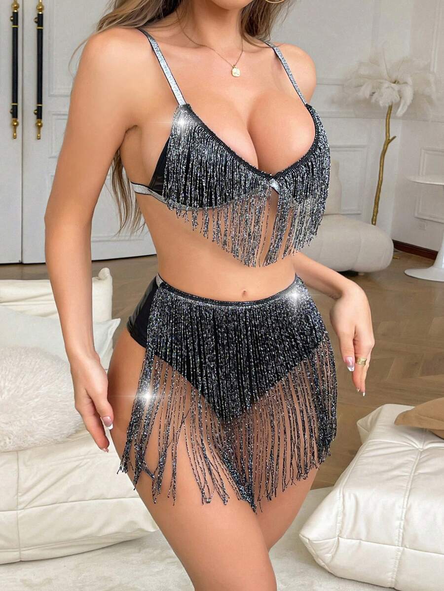 Women's Sexy Black Spaghetti Strap Fringe Lingerie Set With Slight Stretch Fabric - Black - View 1