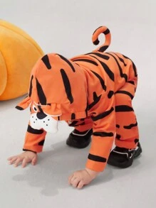 SHEIN 2入組寶寶男孩休閒3D老虎紋帽衣和長褲套裝 - 橘色 - 查看 3