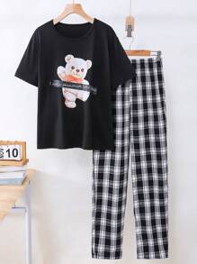 SHEIN 女士熊印花格子长裤和短袖休闲两件套睡衣套装，家庭装（4 件单独出售） - 黑色 - 查看 2