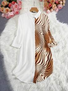 SHEIN Essnce Robe-chemise pour femmes d'été décontractée à boutons imprimée en blocs de couleurs avec manches retroussées
