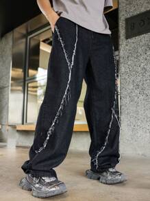 Manfinity Hypemode Quần jean baggy denim màu đen dạo phố dành cho nam với thiết kế tua rua đặc biệt - màu đen - Xem 3