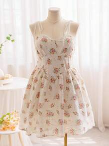 Soleia Vestido de talla grande para mujeres con cuello en V bordado, forma de copa, con encaje adjunto y sin mangas. Confeccionado en tela con textura jacquard, perfecto para vacaciones en el campo, verano y Pascua - Multicolor - Ver 1
