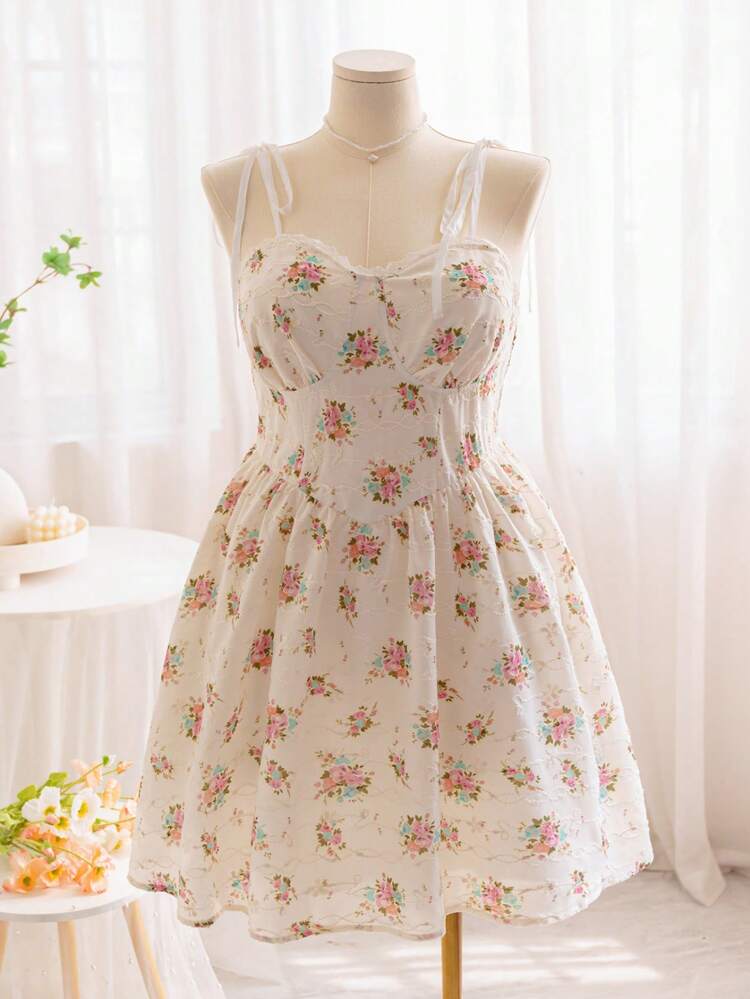 Plus Size Women's Embroidery V-Neck Cup-Shaped Splicing Lace-Trimmed Sleeveless Swing Dress In Jacquard Texture Fabric, Perfect For Countryside Vacation, Summer, Easter