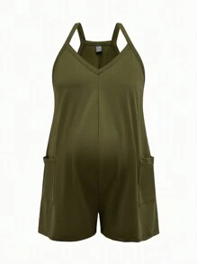 SHEIN BASICS Casual Solid Knit V-Neck Front Pocket Cami Jumpsuit, For Maternity, Pregnancy Clothes