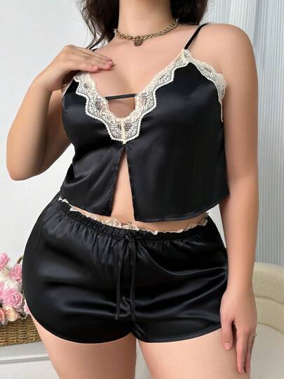 Plus Size Contrast Lace Trimmed Cami Pajama Set And Waistband Floral French Style Satin Lounge Pants