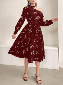 Seusyu Plants Print Asymmetrical Neck Ruffle Trim Belted Dress - Redwood - View 4