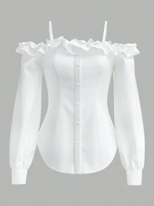 Firerie Elegantes weißes Langarmhemd mit dreidimensionalem Rüschendesign für Damen, schulterfrei, trägerlos. Blusen für Damen. Geeignet für die Schulanfangszeit, Konzertkleidung für Damen. Auch für den Herbst geeignet. - Weiss - Übersicht 8