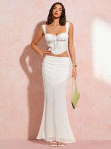 SHEIN BAE Romantic Summer Beach Date White Lace Camisole With Lace Trim, Bow Strap, Versatile Summer Clothing