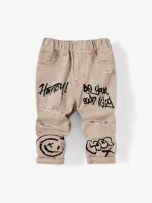 SHEIN Quần jean ống đứng in họa tiết dáng rộng giản dị cho bé trai sơ sinh - Màu Khaki - Xem 1
