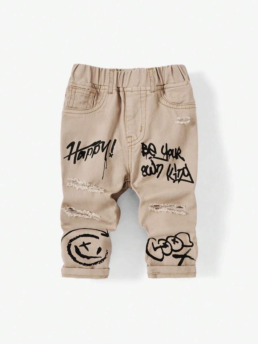 SHEIN Quần jean ống đứng in họa tiết dáng rộng giản dị cho bé trai sơ sinh - Màu Khaki - Xem 1
