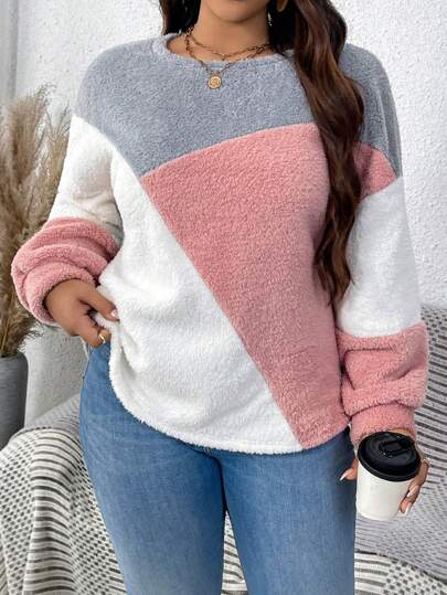 SHEIN LUNE Sudadera de cuello redondo con parche de bloque de color cálido y agradable al tacto, de talla grande