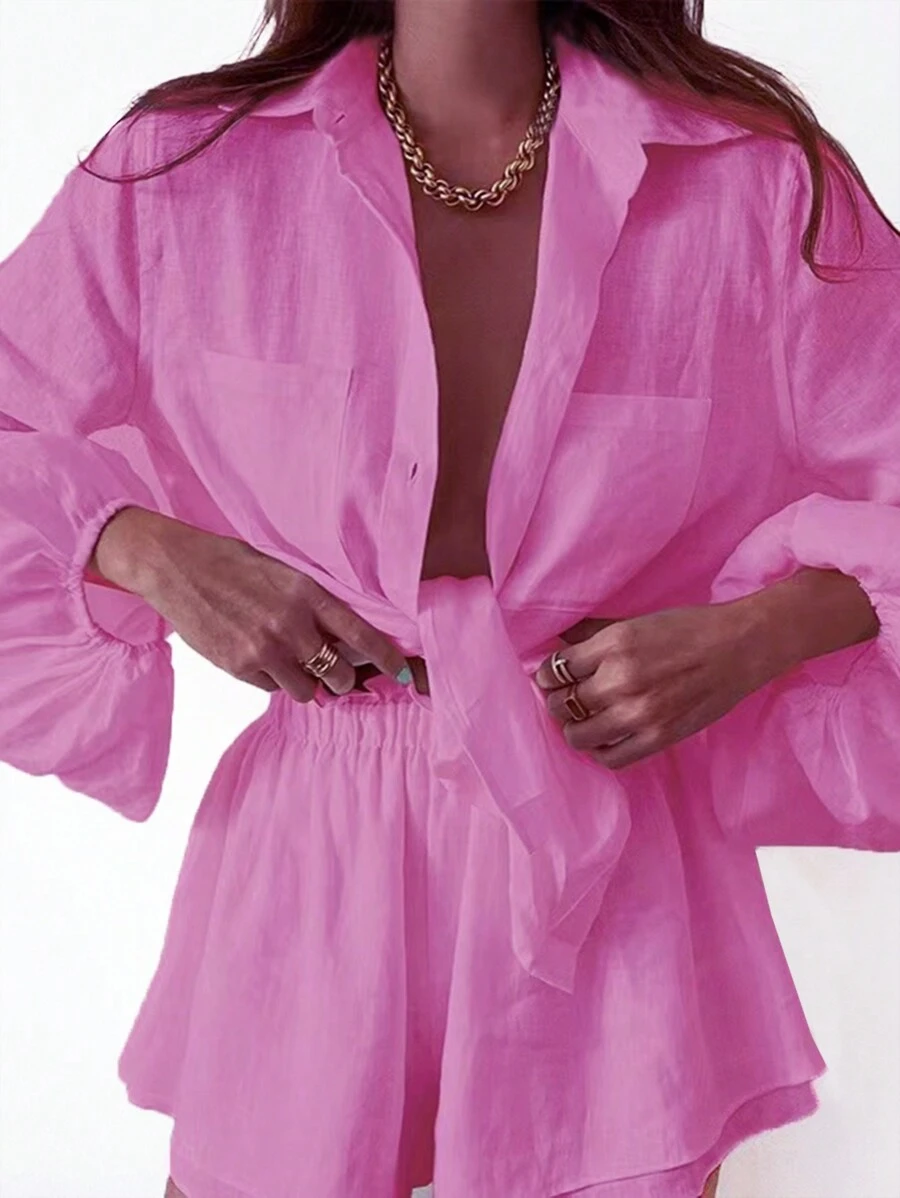 INAWLY Solid Button Front Blouse & Shorts, Women Two Pieces Set Fall Clothes - Pink - View 1