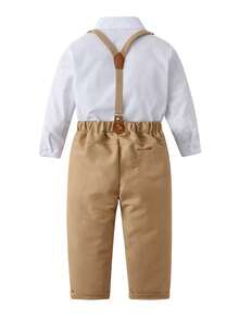 SHEIN 年輕男孩白色長袖襯衫搭配卡其色褲子正裝套裝 - 白色 - 查看 2