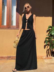 Forever 21 Damski komplet bez rękawów, w jednolitym kolorze, na co dzień, top i spódnica - Czarne - Zobacz 5