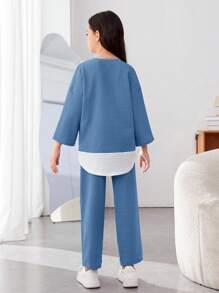 SHEIN Bộ áo cổ tròn và quần dài dệt kim thông thường của Tween Girls - Màu xanh bụi bặm - Xem 2