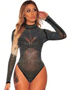 Rhinestone Mock Neck Bodysuit