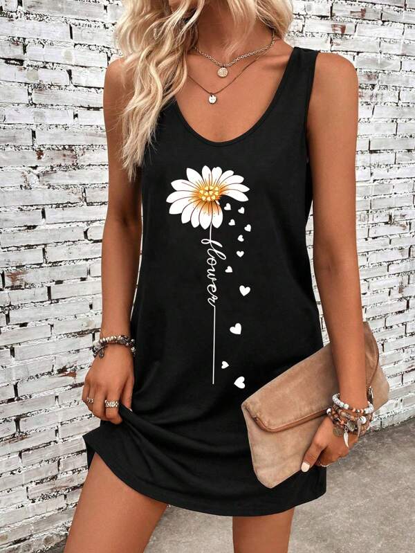 EMERY ROSE Women's Casual Simple Heart-Shaped Daisy Printed Sleeveless Dress Suitable For Summer,Summer Dresses For Women Suitable For Going Out