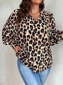 Celure Plus Leopard Print Lantern Sleeve Shirt