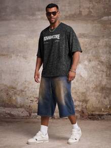Manfinity Roughcore Maglietta da uomo oversize con stampa di lettere, scollo rotondo, manica raglan, adatta per l'estate - nero - Visualizzare 6
