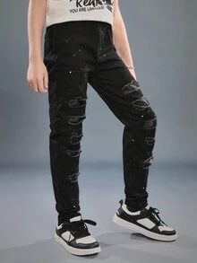SHEIN Tween Boys' Black Distressed  White Paint Splatter Ripped Frayed Patchwork  Jeans,For Spring/Summer - Black - View 5