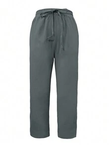 Jisfaneya Solid Color Elastic Waist Drawstring Pleated Fabric Cropped Pants, Casual Vacation Wear, Versatile Spring/Summer Tapered Trousers - Dark Grey - View 3